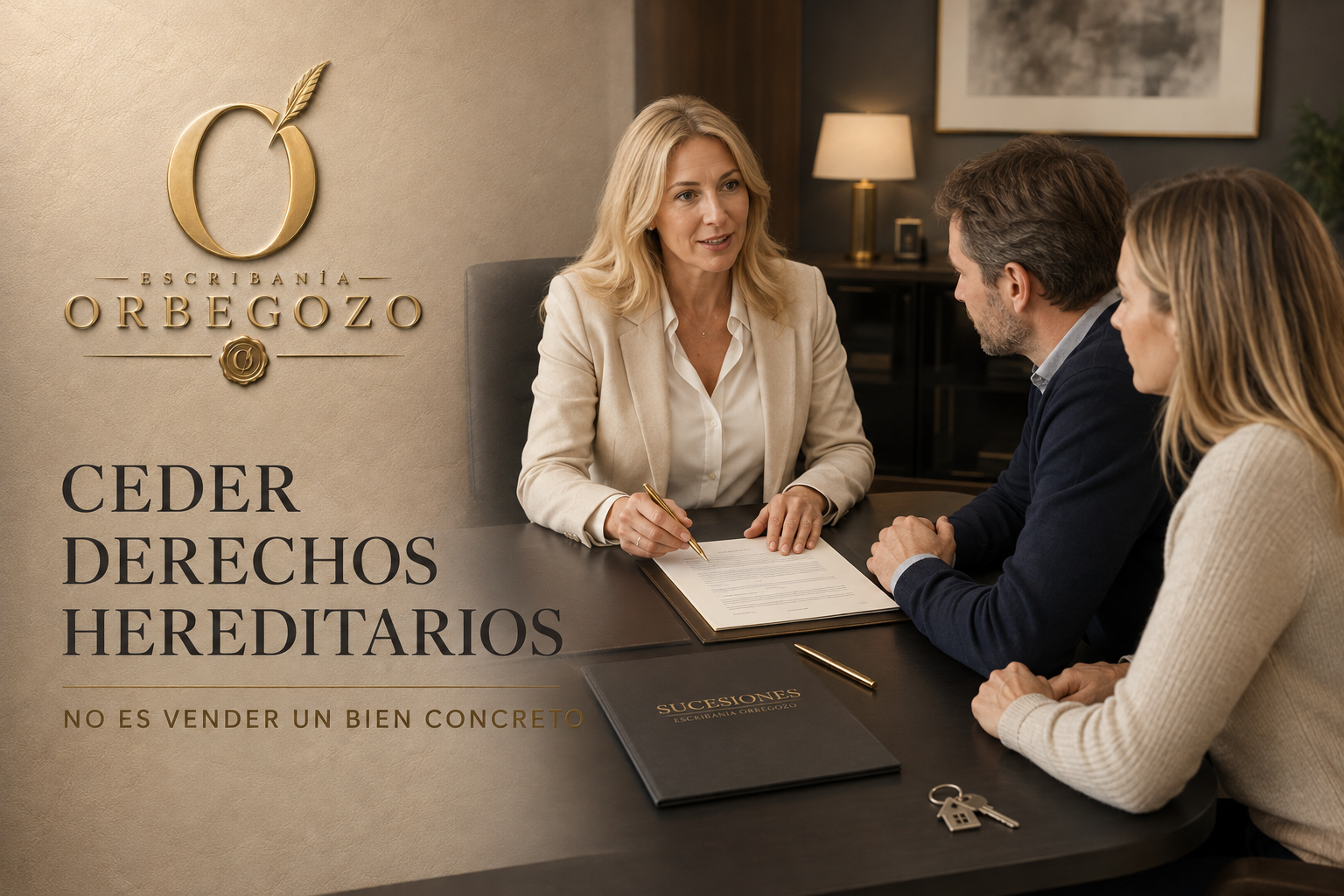 Escribana rubia explicando una cesión de derechos hereditarios a dos hermanos