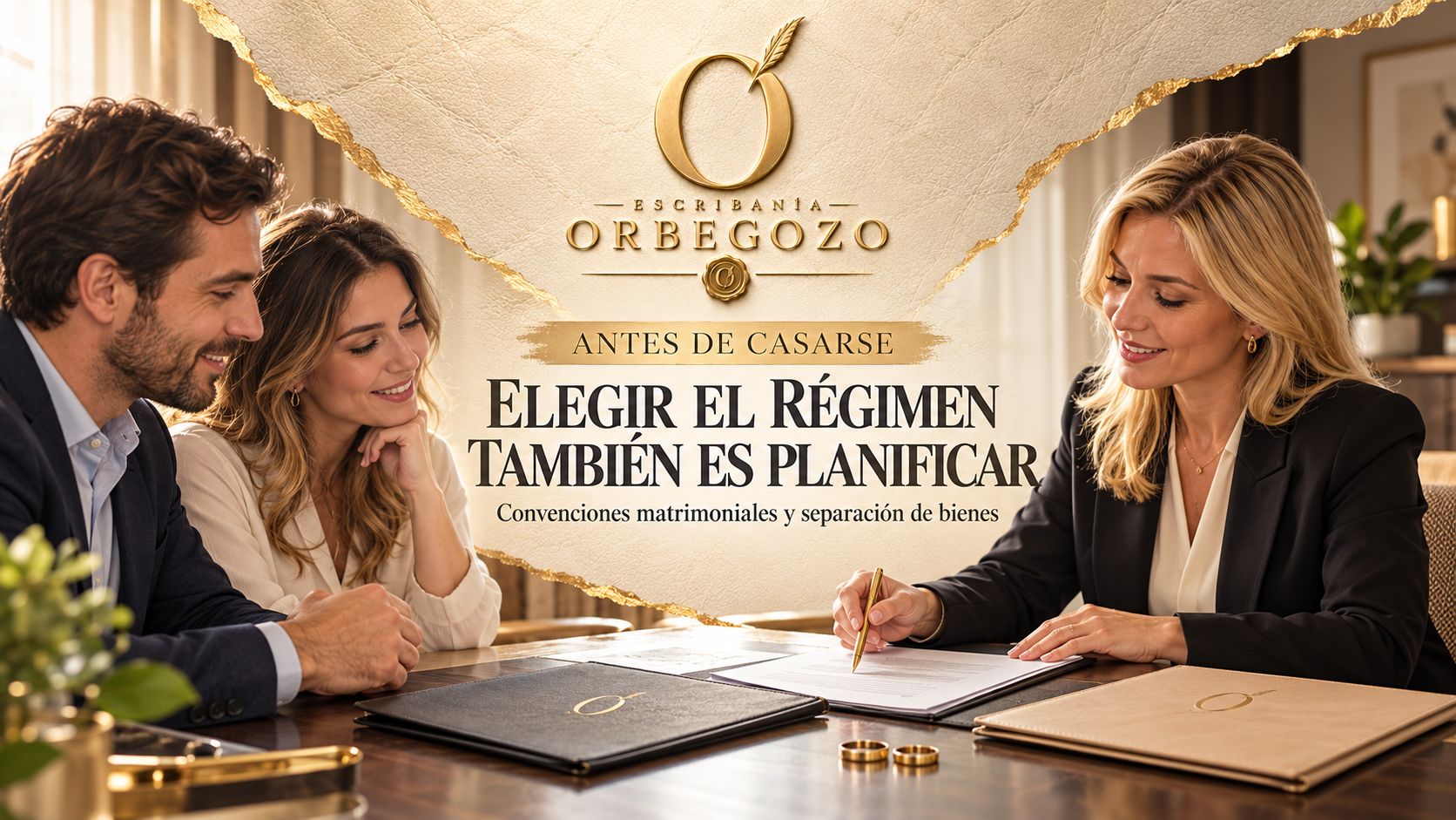 Escribana rubia asesorando a una pareja sobre convenciones matrimoniales
