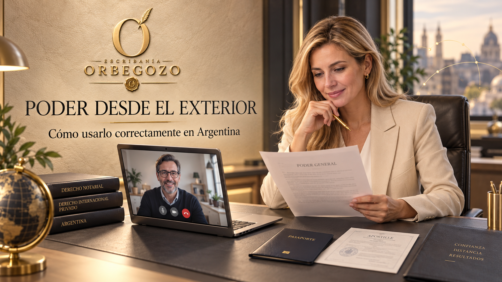 Escribana rubia revisando una minuta de poder durante una videollamada internacional