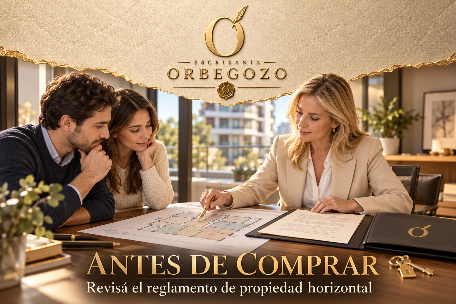 Escribana rubia revisando un reglamento de propiedad horizontal junto a una pareja